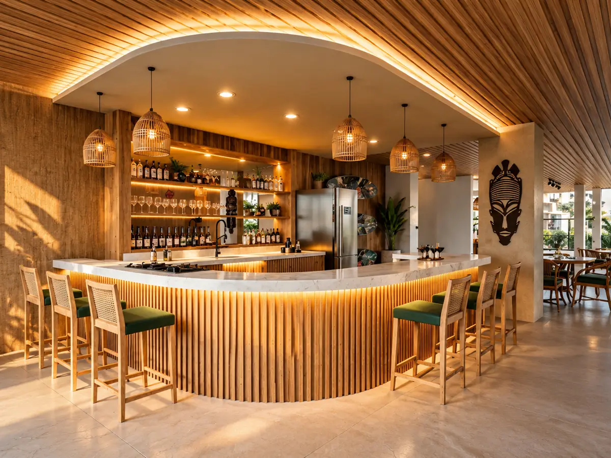 Balcão de bar curvo, com ripado de madeira, bancos estofados em verde e luminárias de palha (imagem ilustrativa)