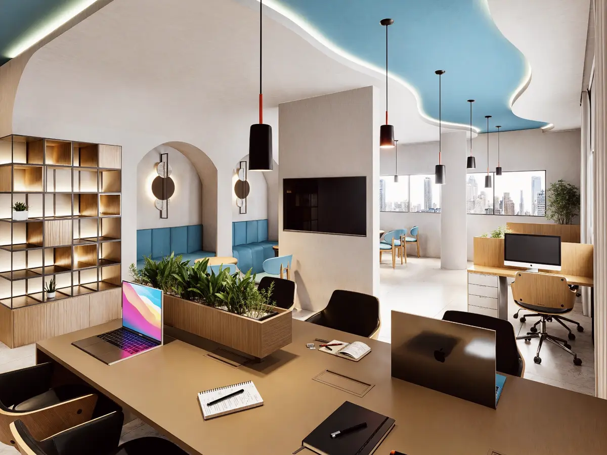 Coworking com mesa compartilhada, notebooks, estante iluminada e janelas para a cidade (imagem ilustrativa)