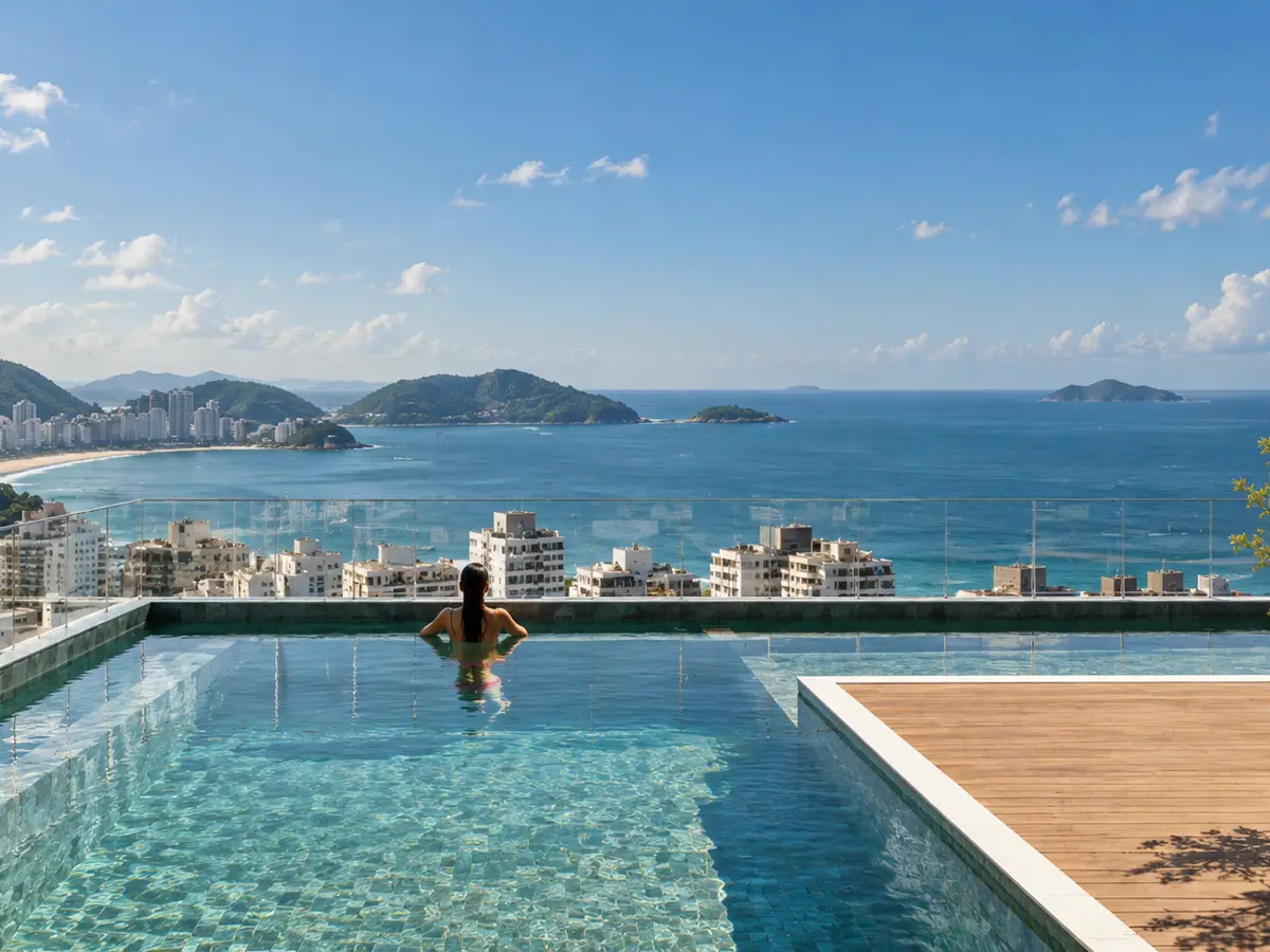 Piscina de borda infinita com vista para o mar, a orla e as ilhas, e deque de madeira ao lado (imagem ilustrativa)
