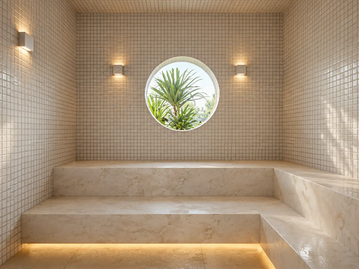 Sauna com paredes de pastilhas claras, bancos de pedra e uma abertura circular com plantas (imagem ilustrativa)