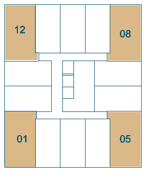 Posição do Studio 52 m² no andar: finais 01, 05, 08 e 12
