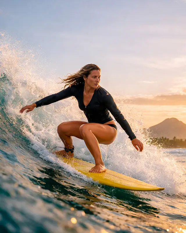 Surfista numa onda ao pôr do sol